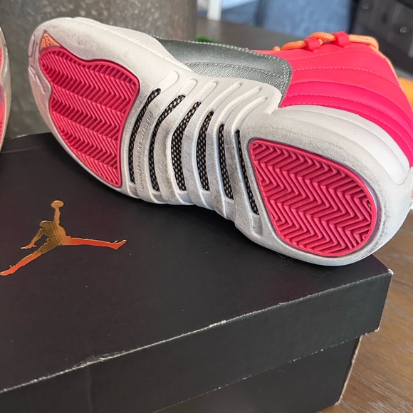 Nike Air Jordan 12 RETRO Pink and Orange Women's Sneakers with Silver Accents - Picture 13 of 15